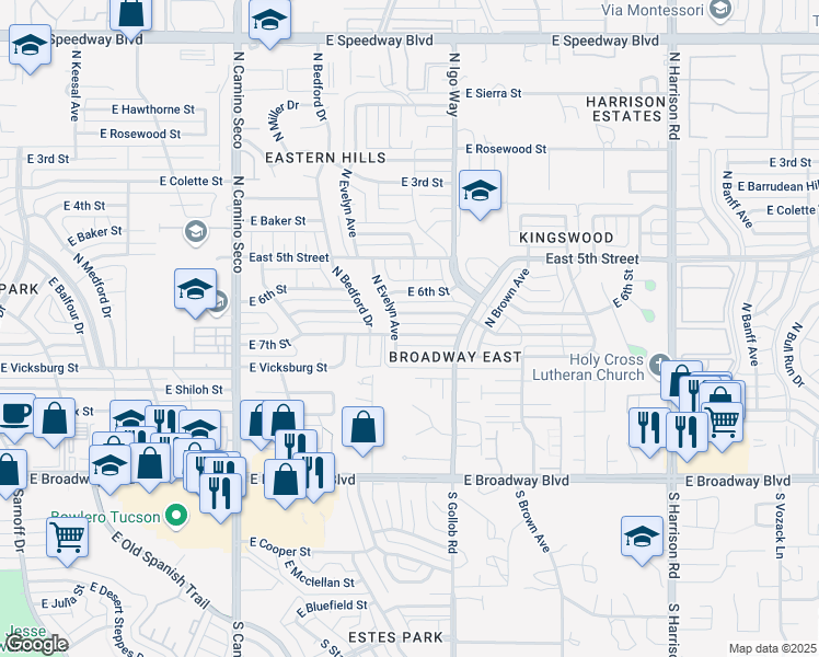map of restaurants, bars, coffee shops, grocery stores, and more near 9003 East 7th Street in Tucson