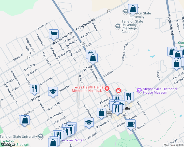map of restaurants, bars, coffee shops, grocery stores, and more near 785 North Belknap Street in Stephenville