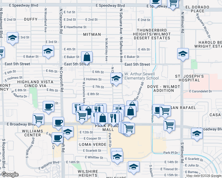 map of restaurants, bars, coffee shops, grocery stores, and more near 5756 East 7th Street in Tucson