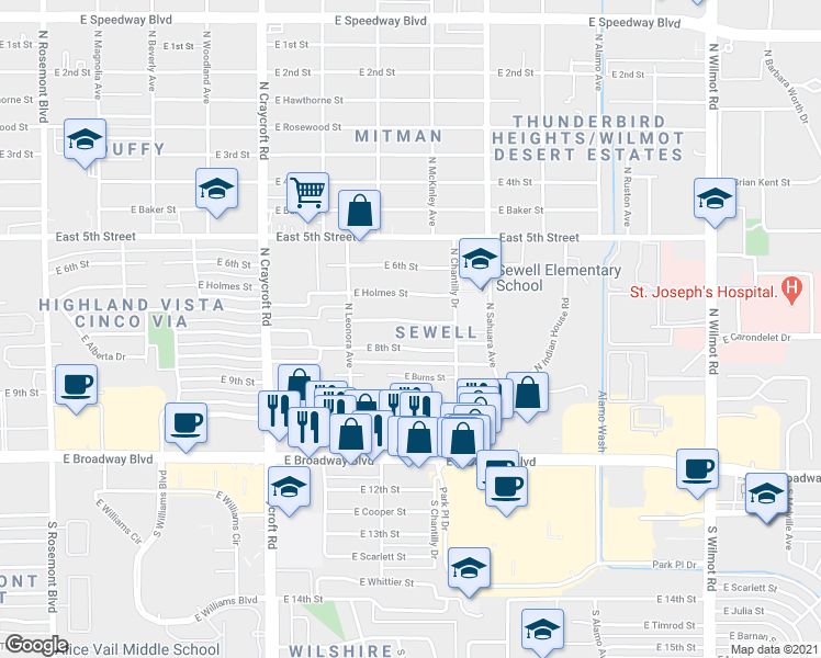 map of restaurants, bars, coffee shops, grocery stores, and more near 5726 East 7th Street in Tucson