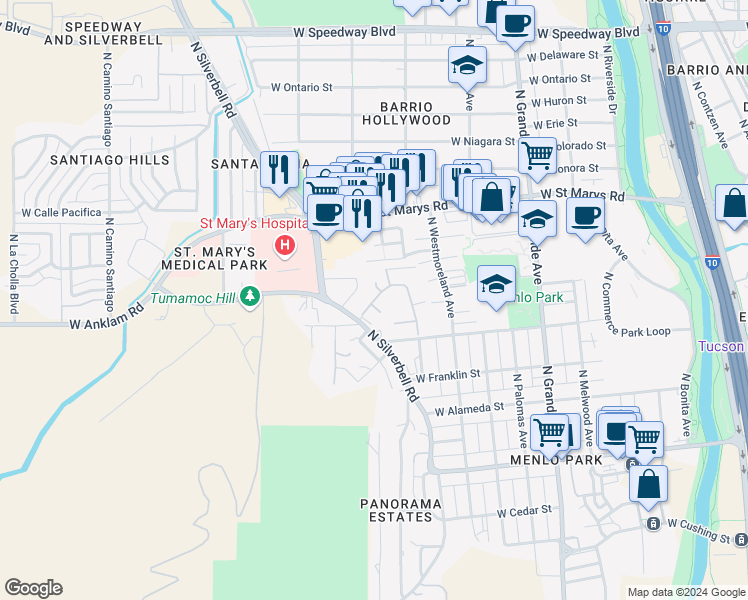 map of restaurants, bars, coffee shops, grocery stores, and more near West Street in Tucson