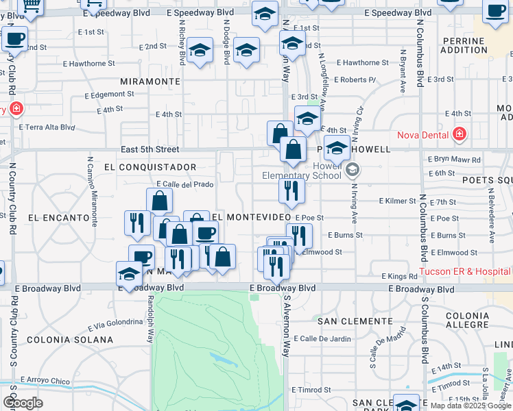 map of restaurants, bars, coffee shops, grocery stores, and more near 3802 East Calle Ensenada in Tucson