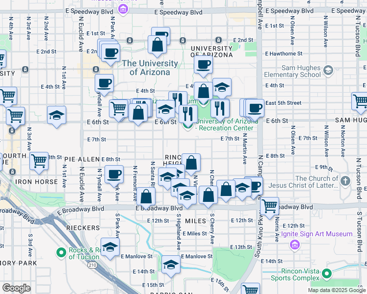 map of restaurants, bars, coffee shops, grocery stores, and more near 336 North Highland Avenue in Tucson