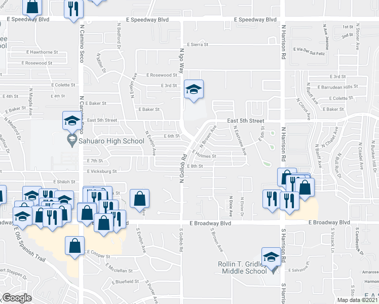 map of restaurants, bars, coffee shops, grocery stores, and more near 410 North Gollob Road in Tucson