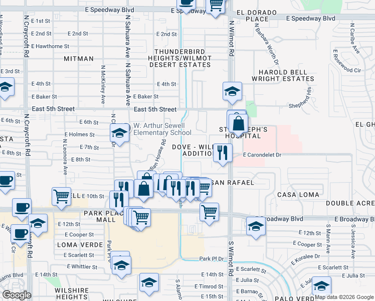 map of restaurants, bars, coffee shops, grocery stores, and more near 350 N Indian House Rd in Tucson