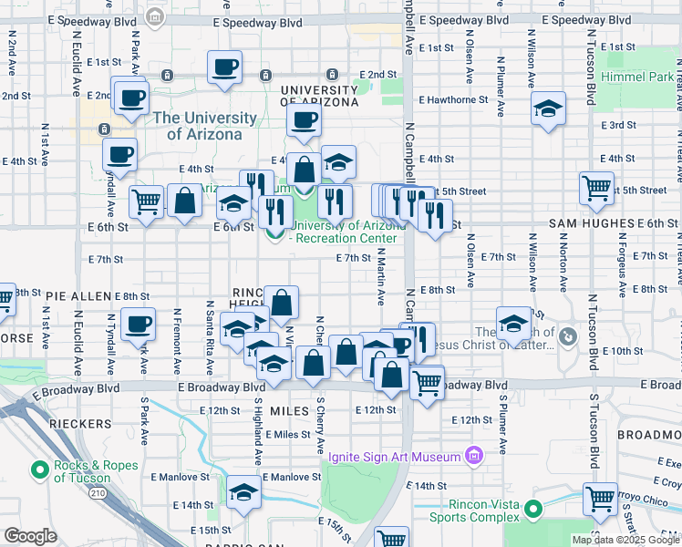 map of restaurants, bars, coffee shops, grocery stores, and more near 314 North Cherry Avenue in Tucson