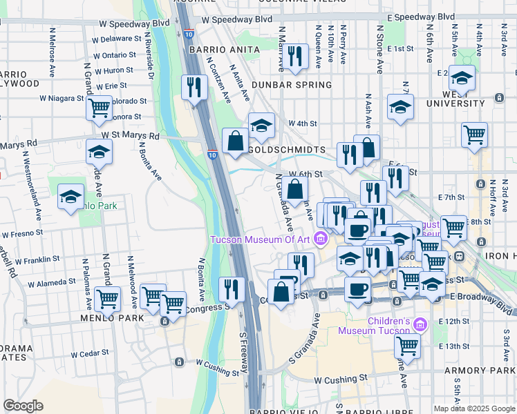 map of restaurants, bars, coffee shops, grocery stores, and more near 475 North Granada Avenue in Tucson