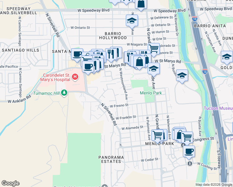 map of restaurants, bars, coffee shops, grocery stores, and more near 1338 West Emery Street in Tucson
