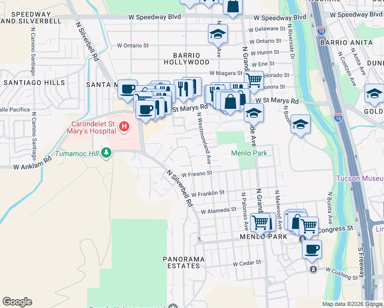 map of restaurants, bars, coffee shops, grocery stores, and more near 1338 West Emery Street in Tucson