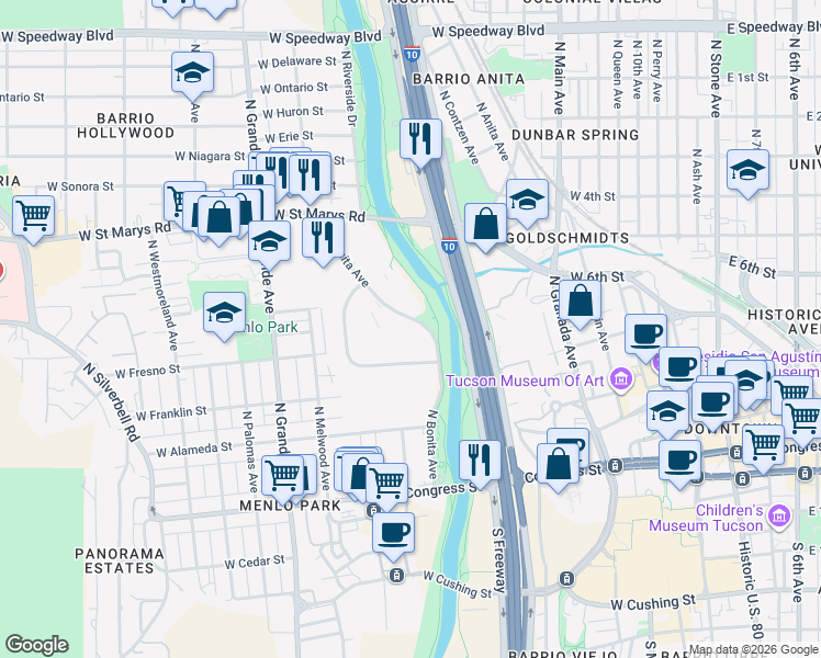 map of restaurants, bars, coffee shops, grocery stores, and more near in Tucson