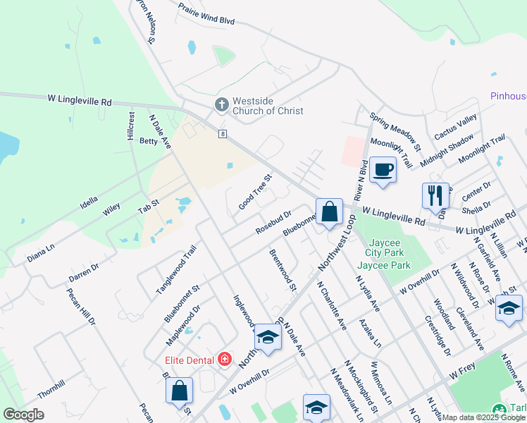 map of restaurants, bars, coffee shops, grocery stores, and more near 105 Spicewood Drive in Stephenville