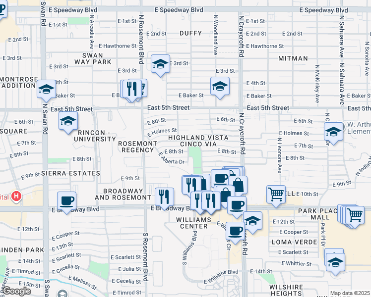 map of restaurants, bars, coffee shops, grocery stores, and more near 5245 East 8th Street in Tucson