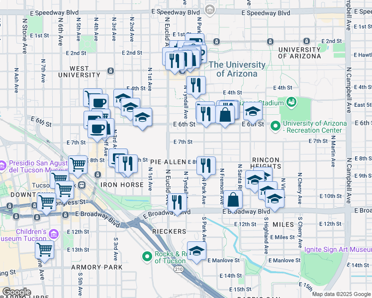 map of restaurants, bars, coffee shops, grocery stores, and more near 357 North Tyndall Avenue in Tucson