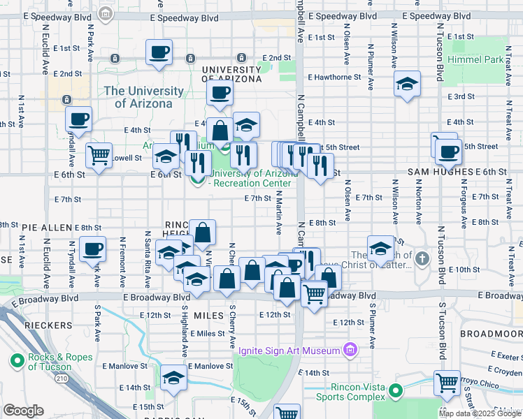 map of restaurants, bars, coffee shops, grocery stores, and more near 332 North Warren Avenue in Tucson