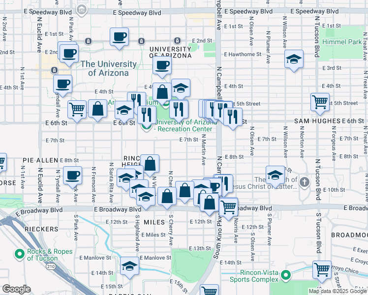map of restaurants, bars, coffee shops, grocery stores, and more near 314 North Cherry Avenue in Tucson