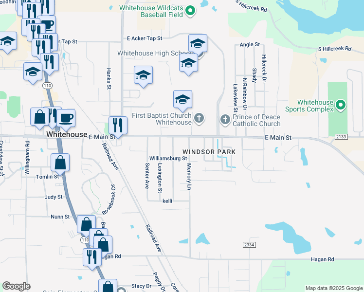 map of restaurants, bars, coffee shops, grocery stores, and more near 104 County Road 2132 in Whitehouse