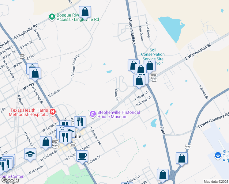 map of restaurants, bars, coffee shops, grocery stores, and more near 200 Clark Lane in Stephenville