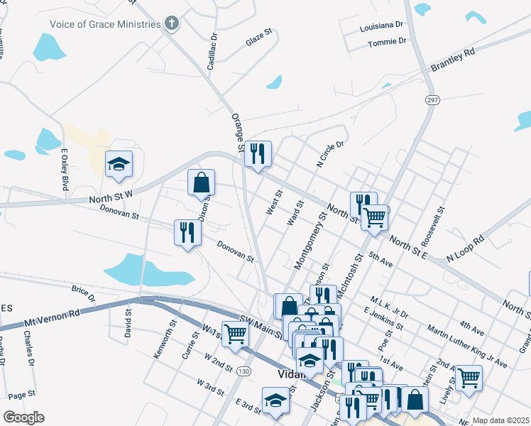 map of restaurants, bars, coffee shops, grocery stores, and more near 408 Peachtree Street in Vidalia