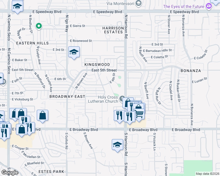 map of restaurants, bars, coffee shops, grocery stores, and more near 411 North Loquat Avenue in Tucson