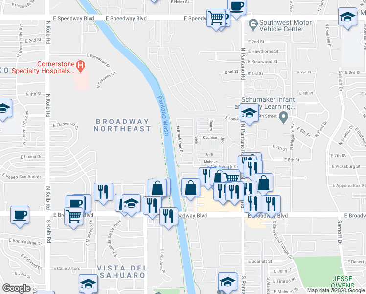 map of restaurants, bars, coffee shops, grocery stores, and more near 7652 East Sierra Park Loop in Tucson
