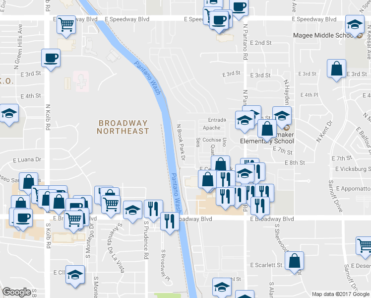 map of restaurants, bars, coffee shops, grocery stores, and more near 7656 East Sierra Park Loop in Tucson