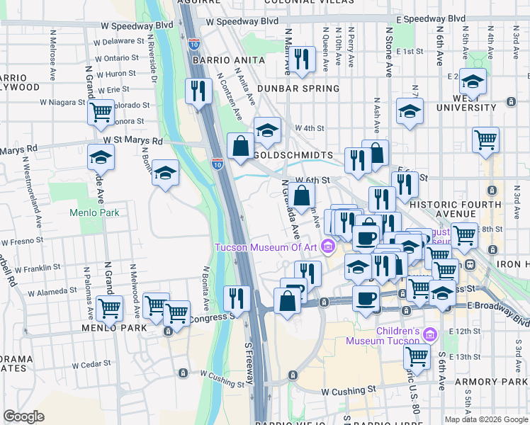 map of restaurants, bars, coffee shops, grocery stores, and more near 475 North Granada Avenue in Tucson
