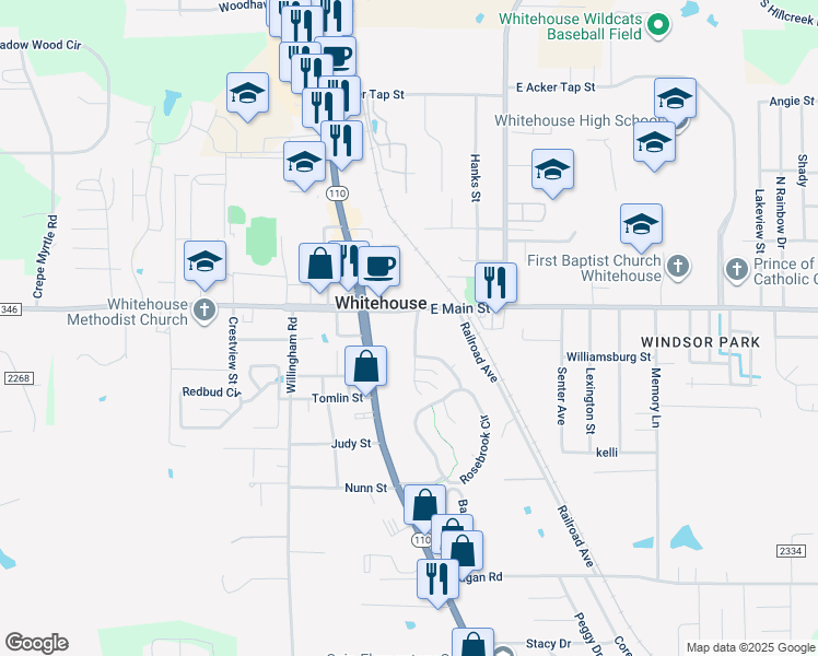 map of restaurants, bars, coffee shops, grocery stores, and more near 100 Forest Creek Drive in Whitehouse