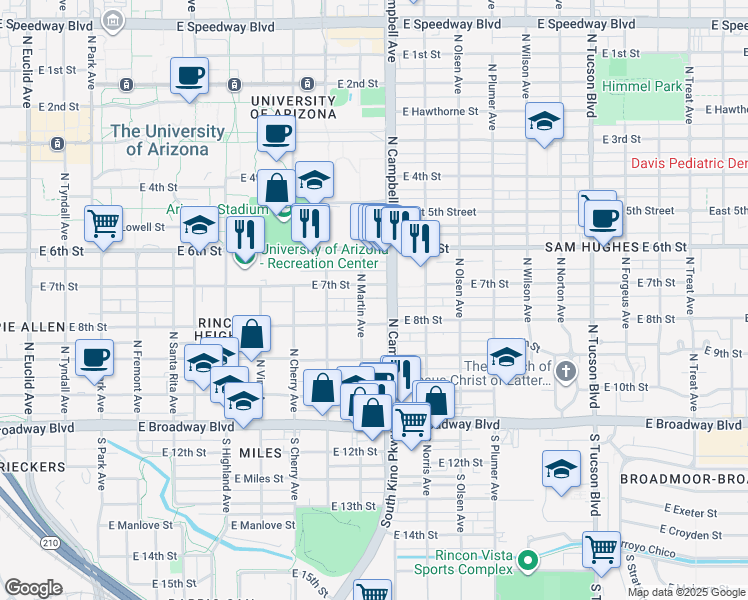 map of restaurants, bars, coffee shops, grocery stores, and more near 328 North Martin Avenue in Tucson