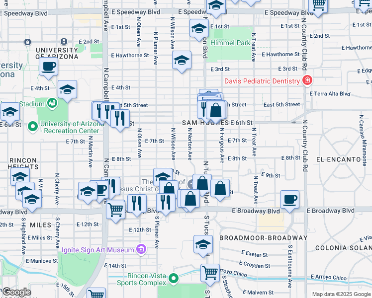 map of restaurants, bars, coffee shops, grocery stores, and more near 327 North Norton Avenue in Tucson