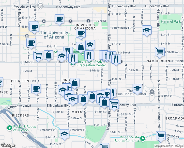 map of restaurants, bars, coffee shops, grocery stores, and more near 310 North Cherry Avenue in Tucson