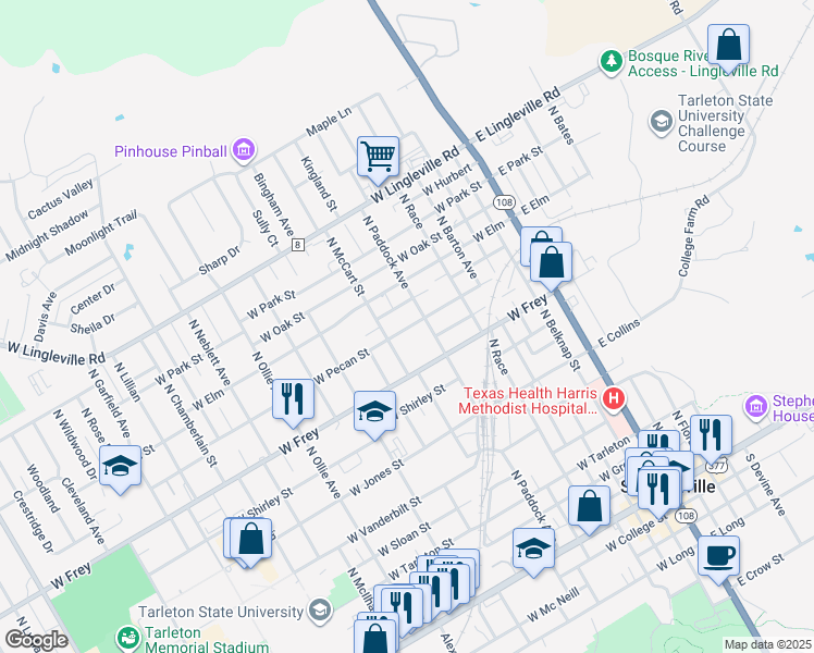 map of restaurants, bars, coffee shops, grocery stores, and more near 747 West Pecan Street in Stephenville