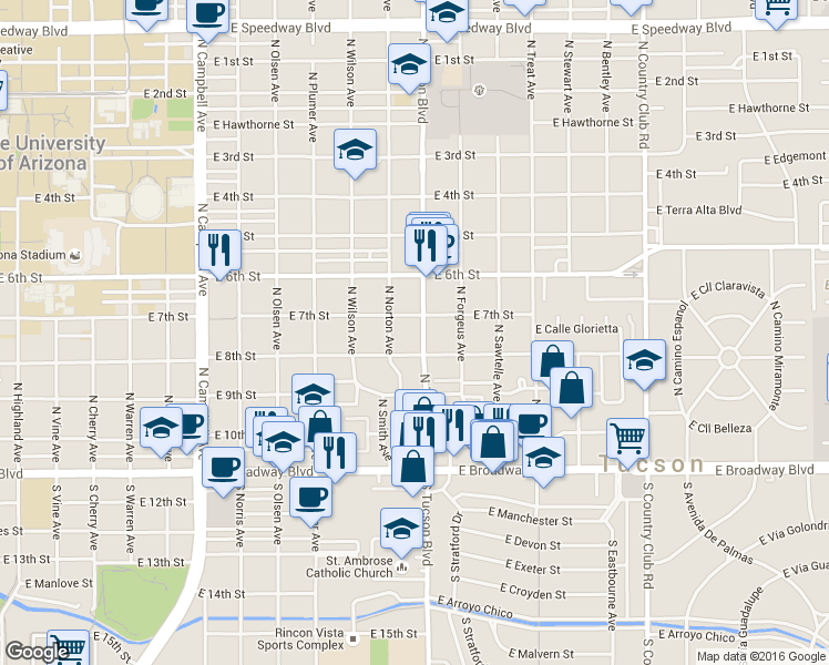 map of restaurants, bars, coffee shops, grocery stores, and more near 333 North Tucson Boulevard in Tucson