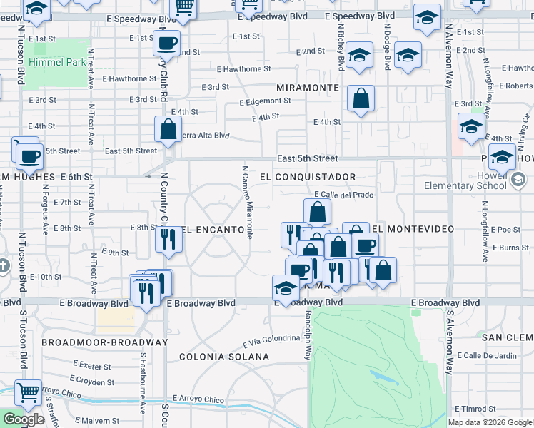 map of restaurants, bars, coffee shops, grocery stores, and more near 20 E Calle Conquista in Tucson