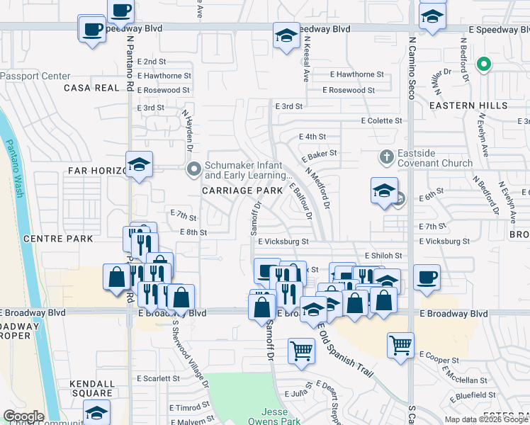 map of restaurants, bars, coffee shops, grocery stores, and more near 409 North Entrada Dentro Street in Tucson