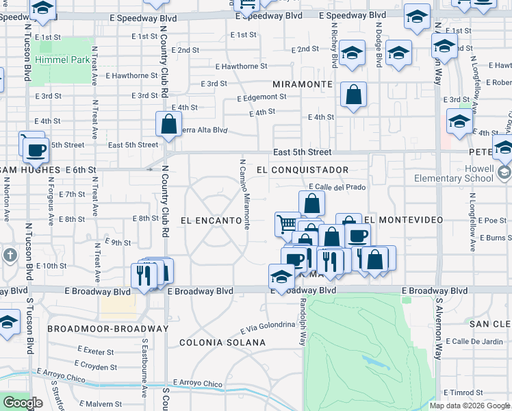 map of restaurants, bars, coffee shops, grocery stores, and more near 20 East Calle Conquista in Tucson