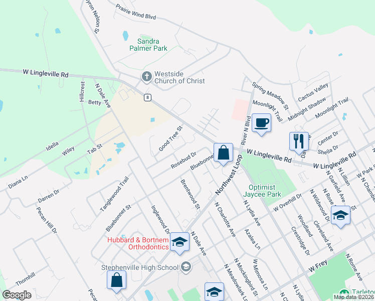 map of restaurants, bars, coffee shops, grocery stores, and more near 215 Rosebud Drive in Stephenville