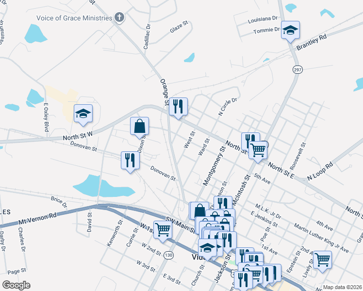 map of restaurants, bars, coffee shops, grocery stores, and more near 501 Georgia Street in Vidalia