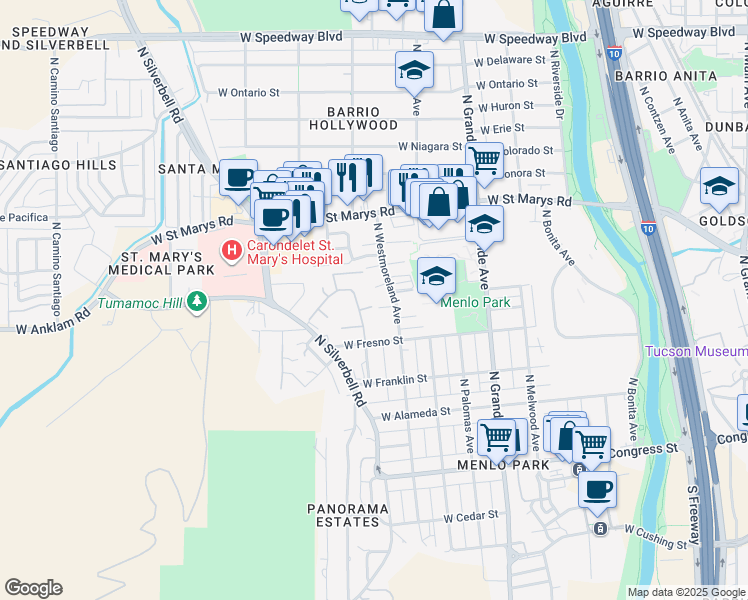 map of restaurants, bars, coffee shops, grocery stores, and more near 1338 West Emery Street in Tucson