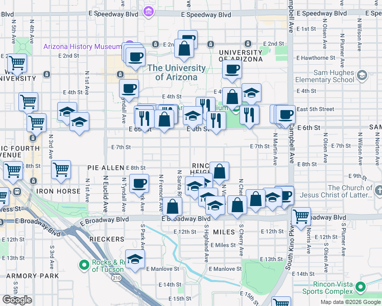 map of restaurants, bars, coffee shops, grocery stores, and more near 1306 East 7th Street in Tucson