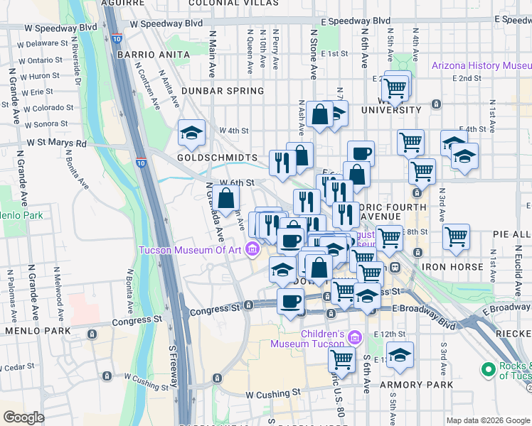 map of restaurants, bars, coffee shops, grocery stores, and more near 311 North Court Avenue in Tucson