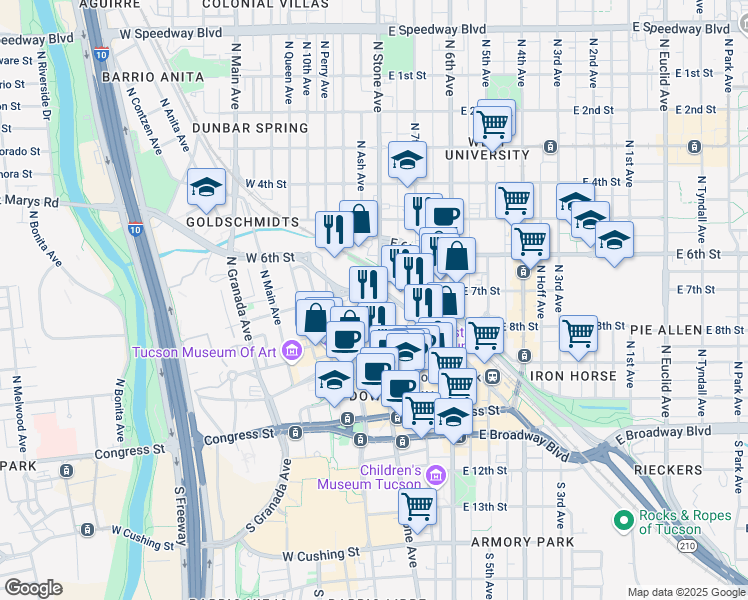 map of restaurants, bars, coffee shops, grocery stores, and more near 317 North Stone Avenue in Tucson