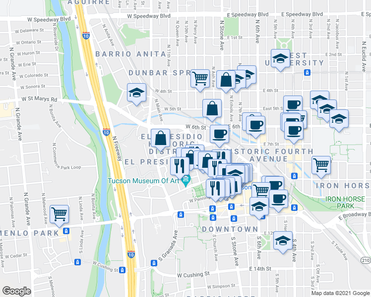 map of restaurants, bars, coffee shops, grocery stores, and more near 224 West Franklin Street in Tucson