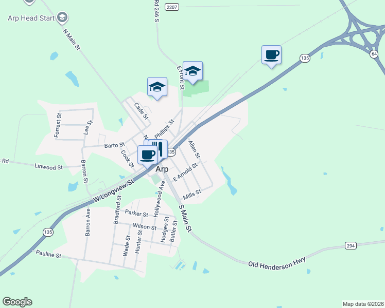 map of restaurants, bars, coffee shops, grocery stores, and more near 108 Allen St in Arp