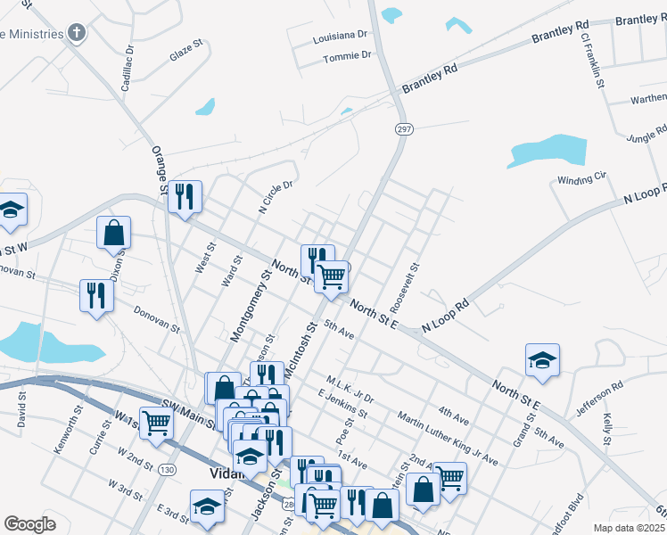 map of restaurants, bars, coffee shops, grocery stores, and more near 100 Toombs Street in Vidalia
