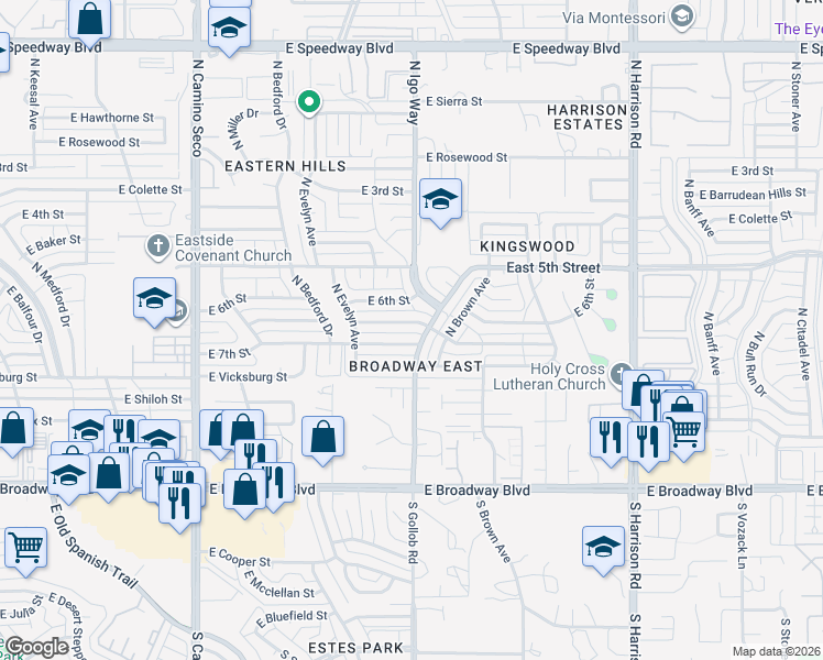 map of restaurants, bars, coffee shops, grocery stores, and more near 9051 East 7th Street in Tucson