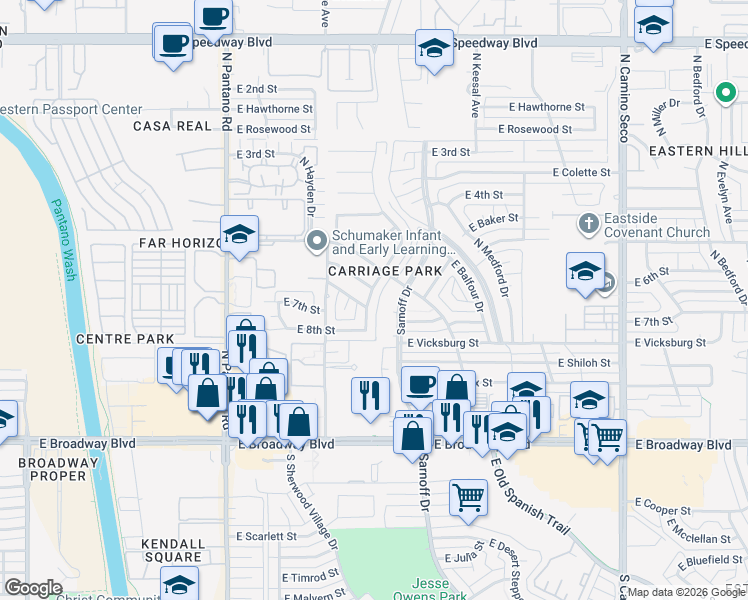 map of restaurants, bars, coffee shops, grocery stores, and more near 349 North Sarnoff Drive in Tucson