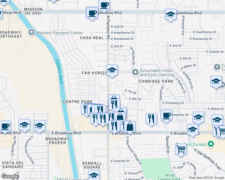 map of restaurants, bars, coffee shops, grocery stores, and more near 370 North Pantano Road in Tucson