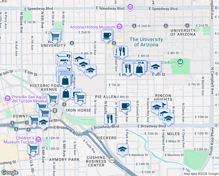 map of restaurants, bars, coffee shops, grocery stores, and more near 356 North Euclid Avenue in Tucson