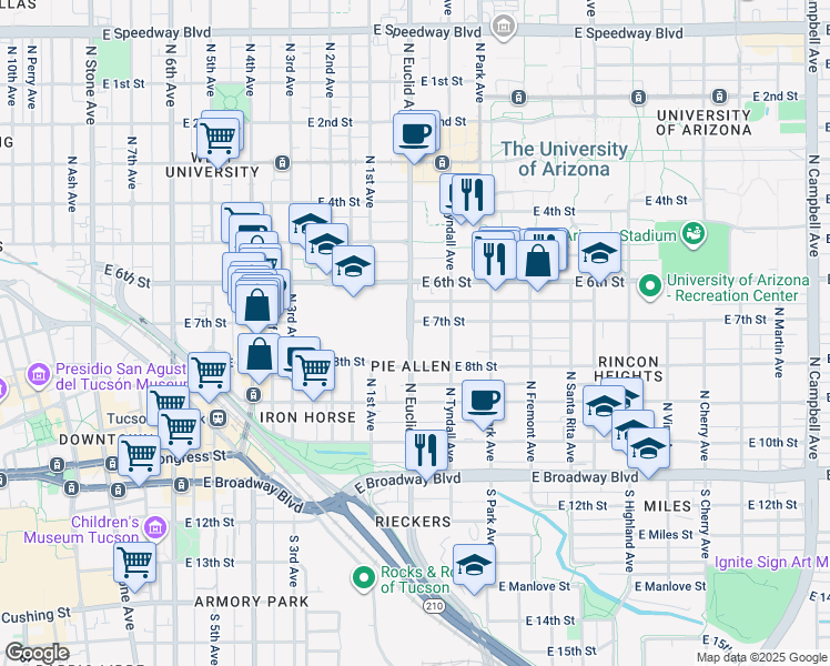 map of restaurants, bars, coffee shops, grocery stores, and more near 356 North Euclid Avenue in Tucson