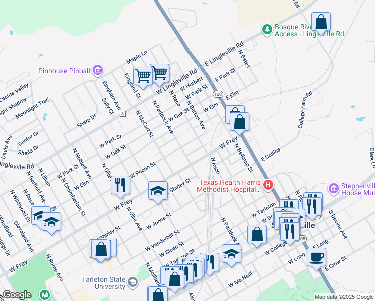 map of restaurants, bars, coffee shops, grocery stores, and more near 611 West Minnie Street in Stephenville